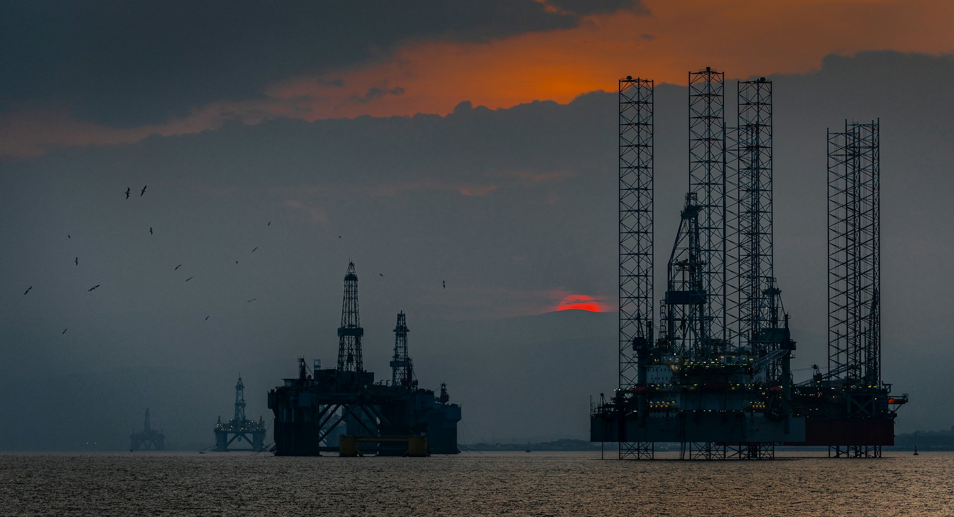 Offshore oil and gas platforms at sea
